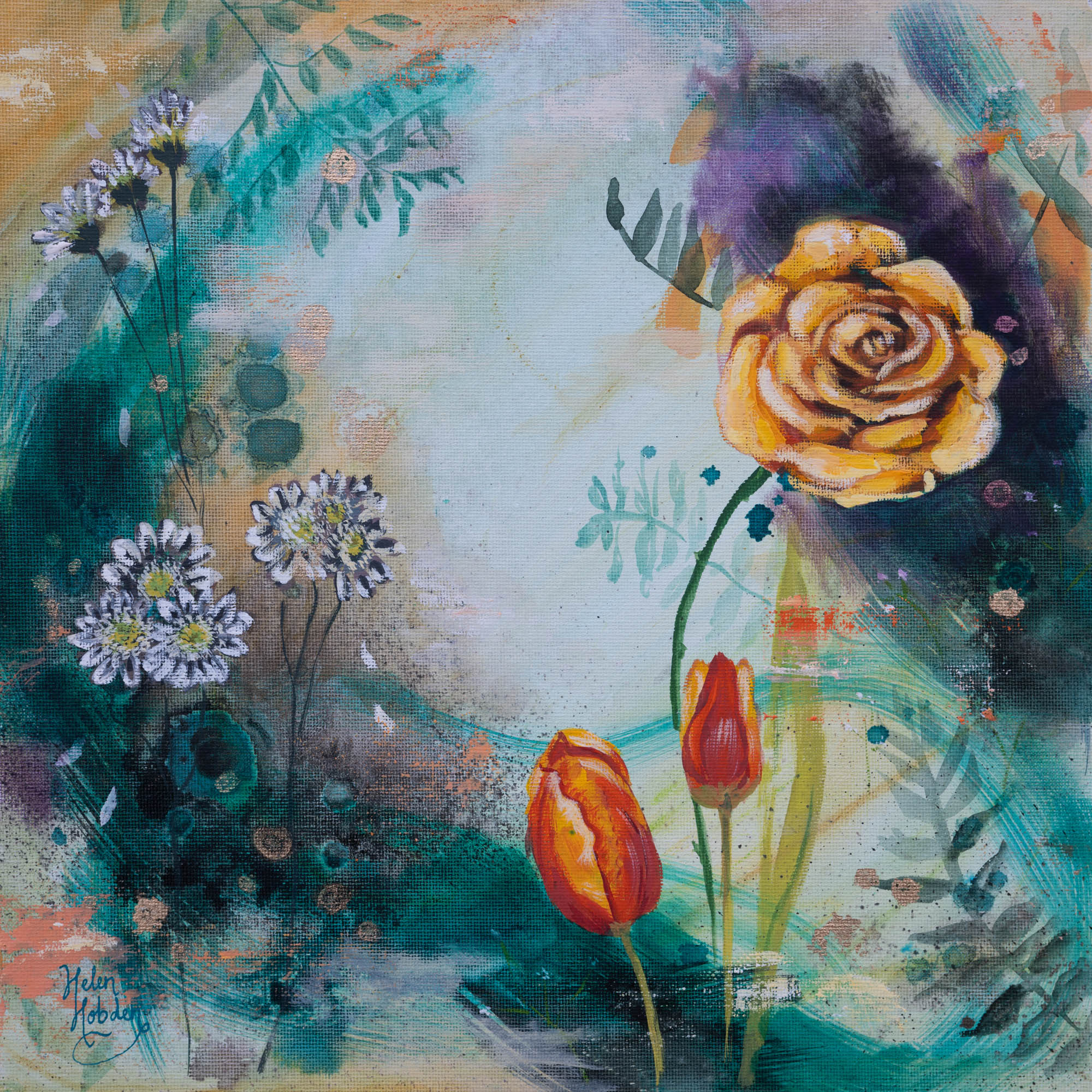 Abstract floral painting of tulips and a yellow rose
