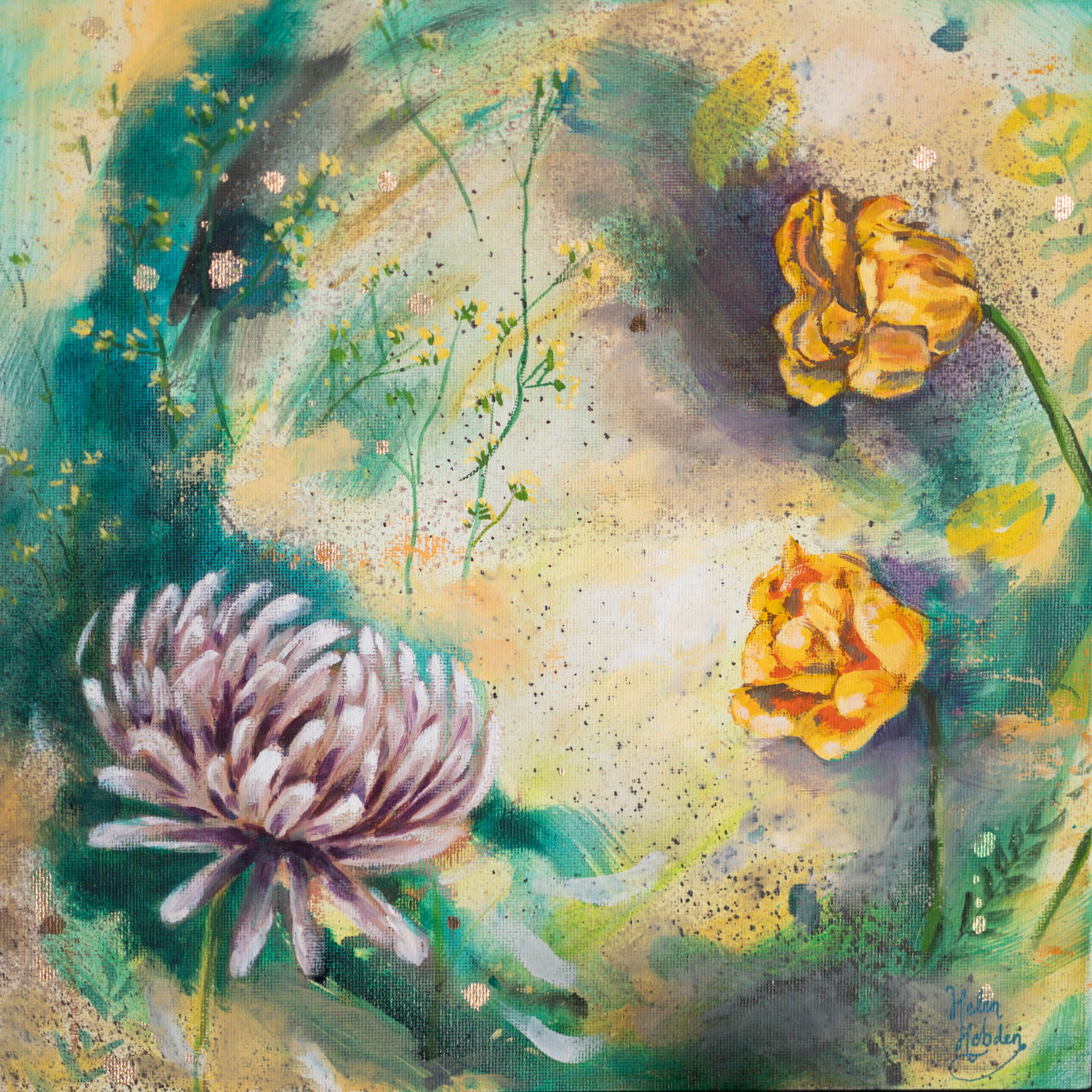 Abstract floral painting with yellow roses