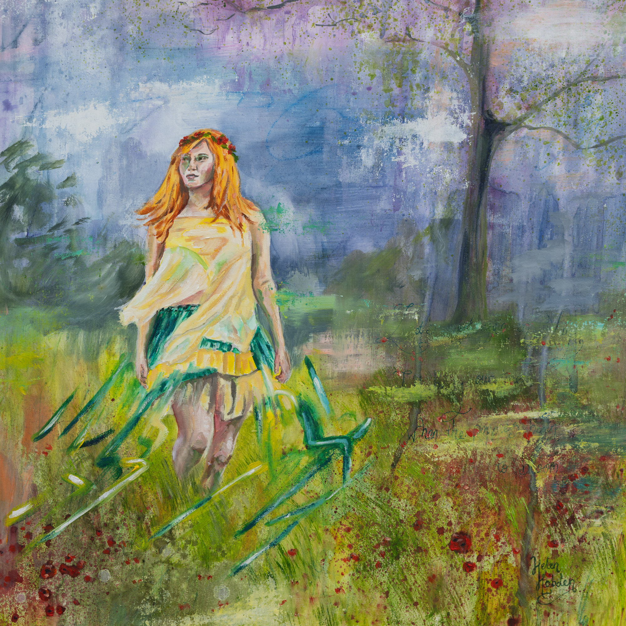 Fairytale painting of woman walking through a field.