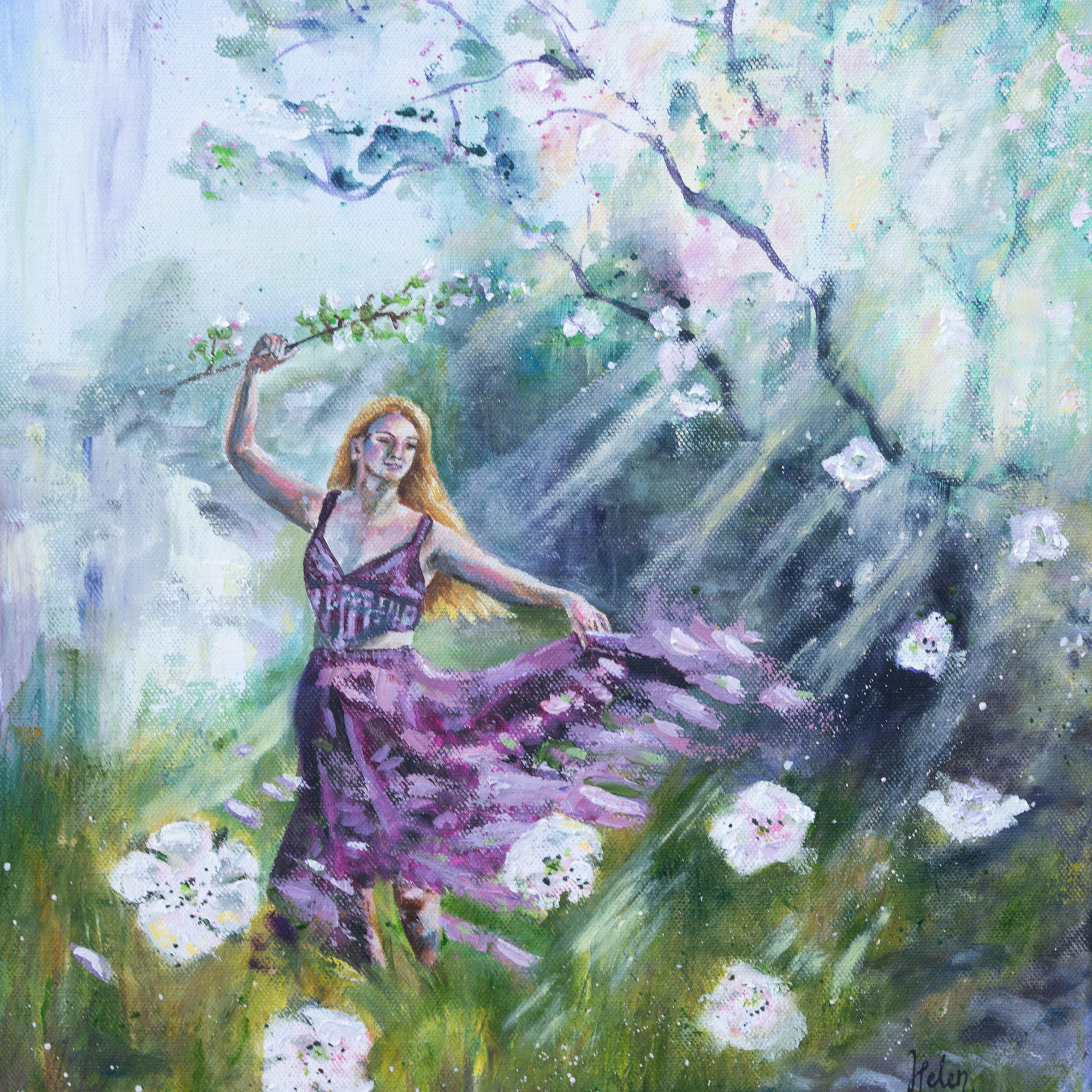 Painting of a woman dancing with hawthorn blossom