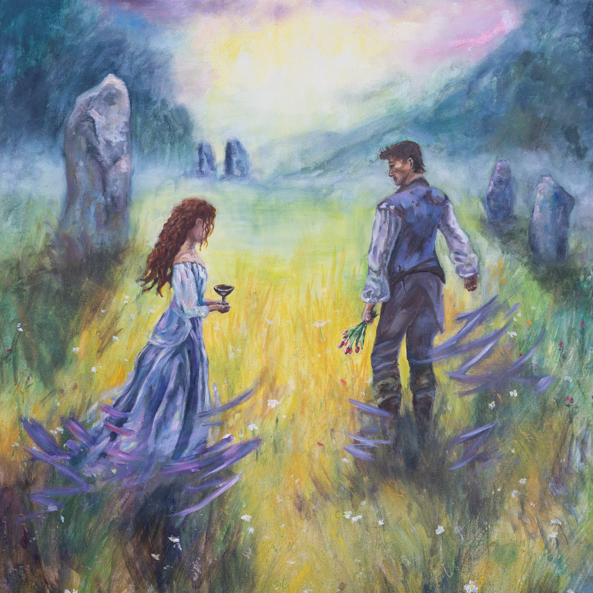 A magical painting showing a couple together within standing stones.