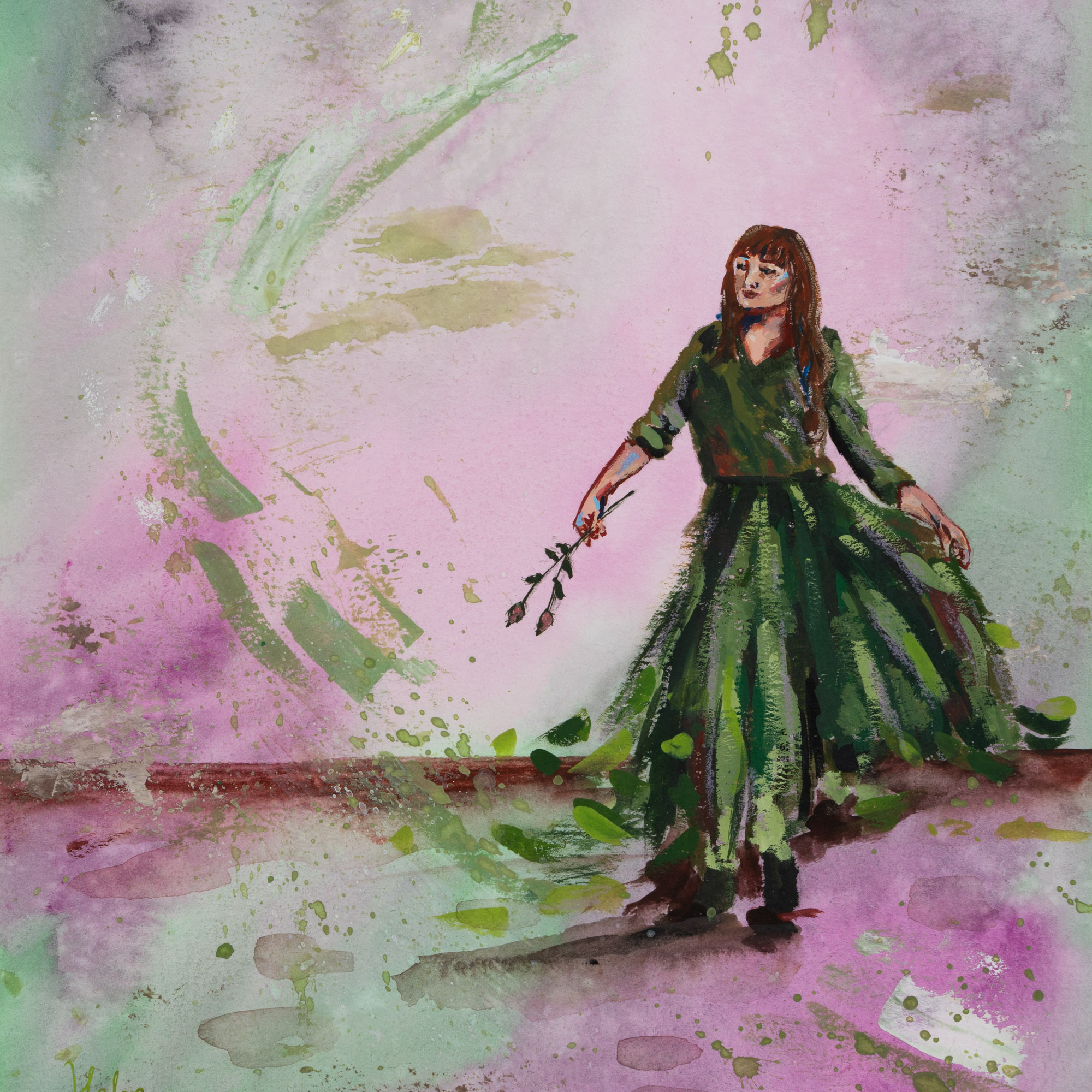 Fairytale painting of a woman in green and pink