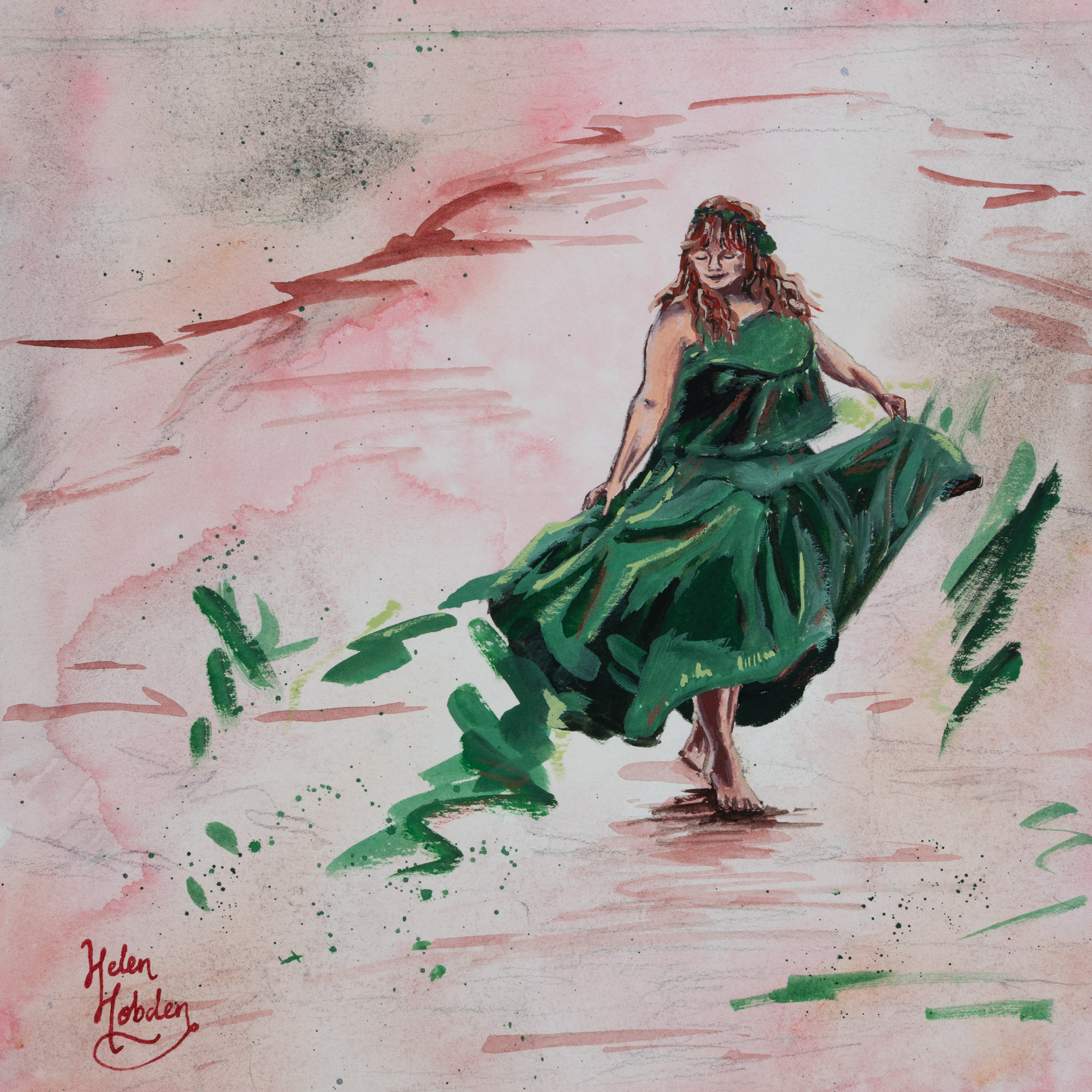 Fairytale picture of a woman in green and red.