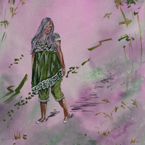 Painting of a fairytale woman in green and pink