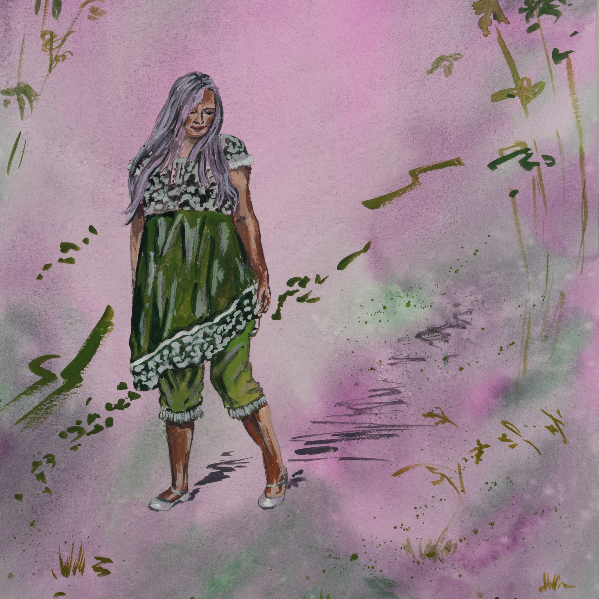 Painting of a fairytale woman in green and pink