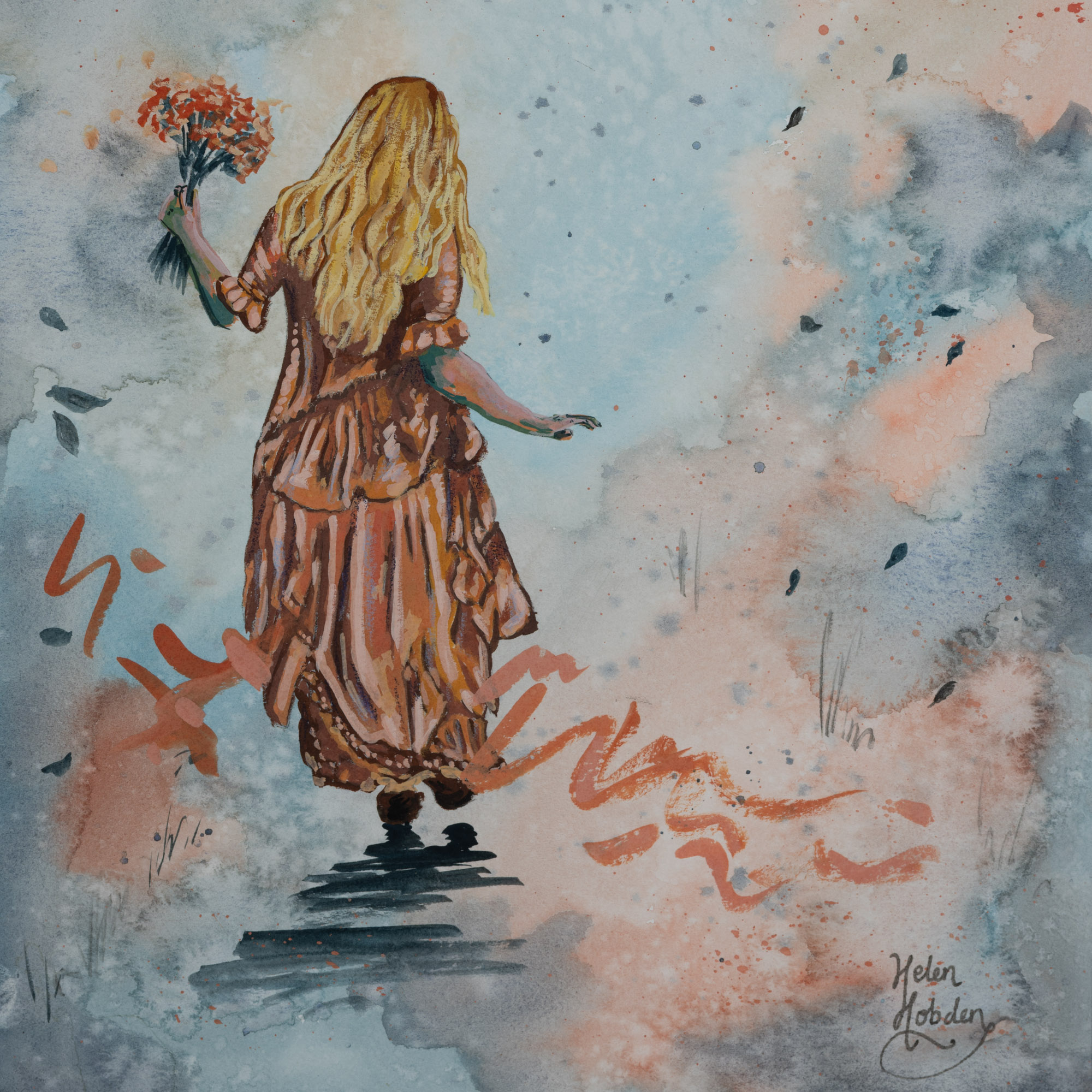 Fairytale art of a woman holding flowers