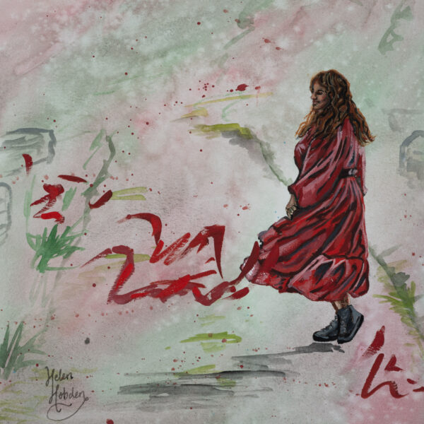 Fairytale painting of woman in a red dress