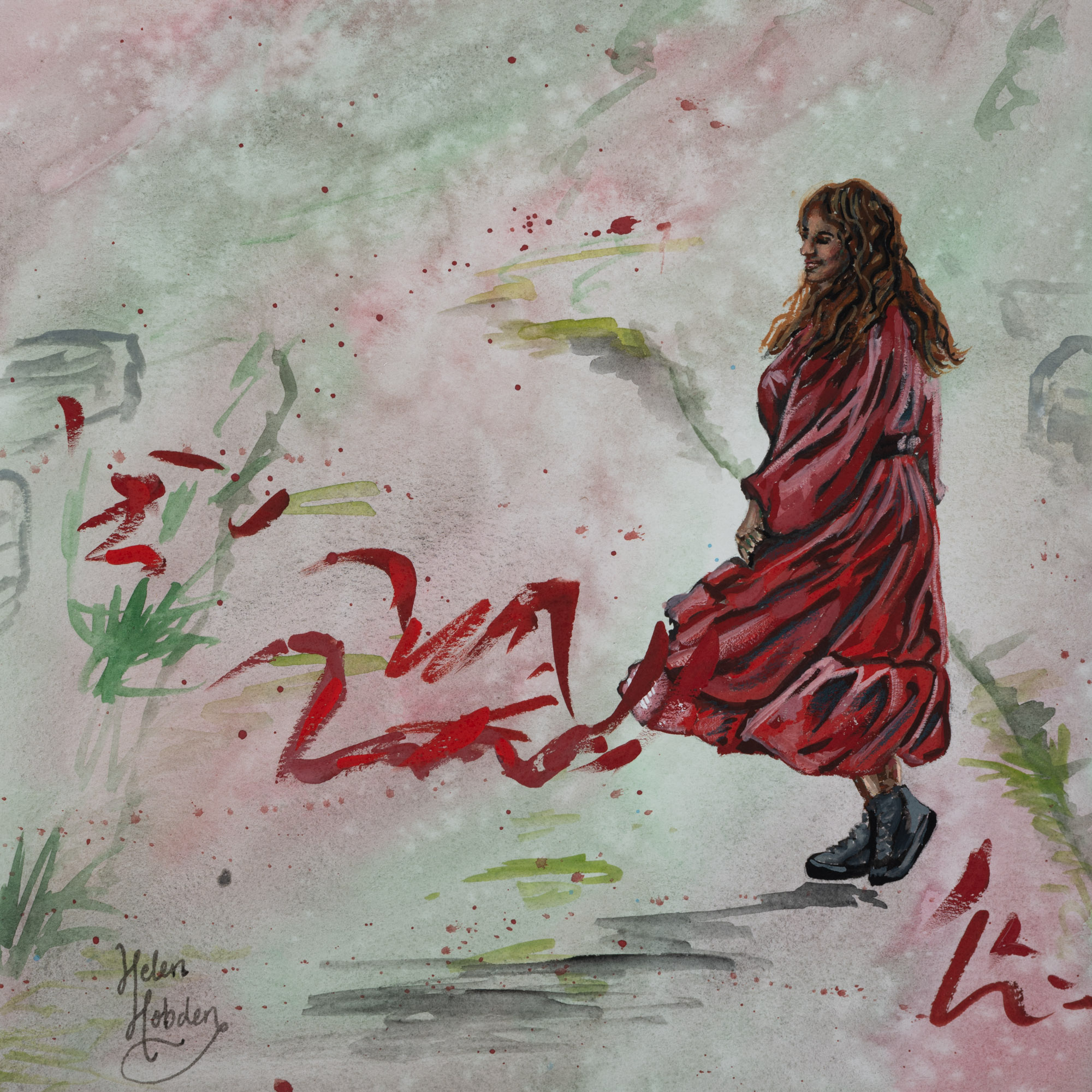 Fairytale painting of woman in a red dress