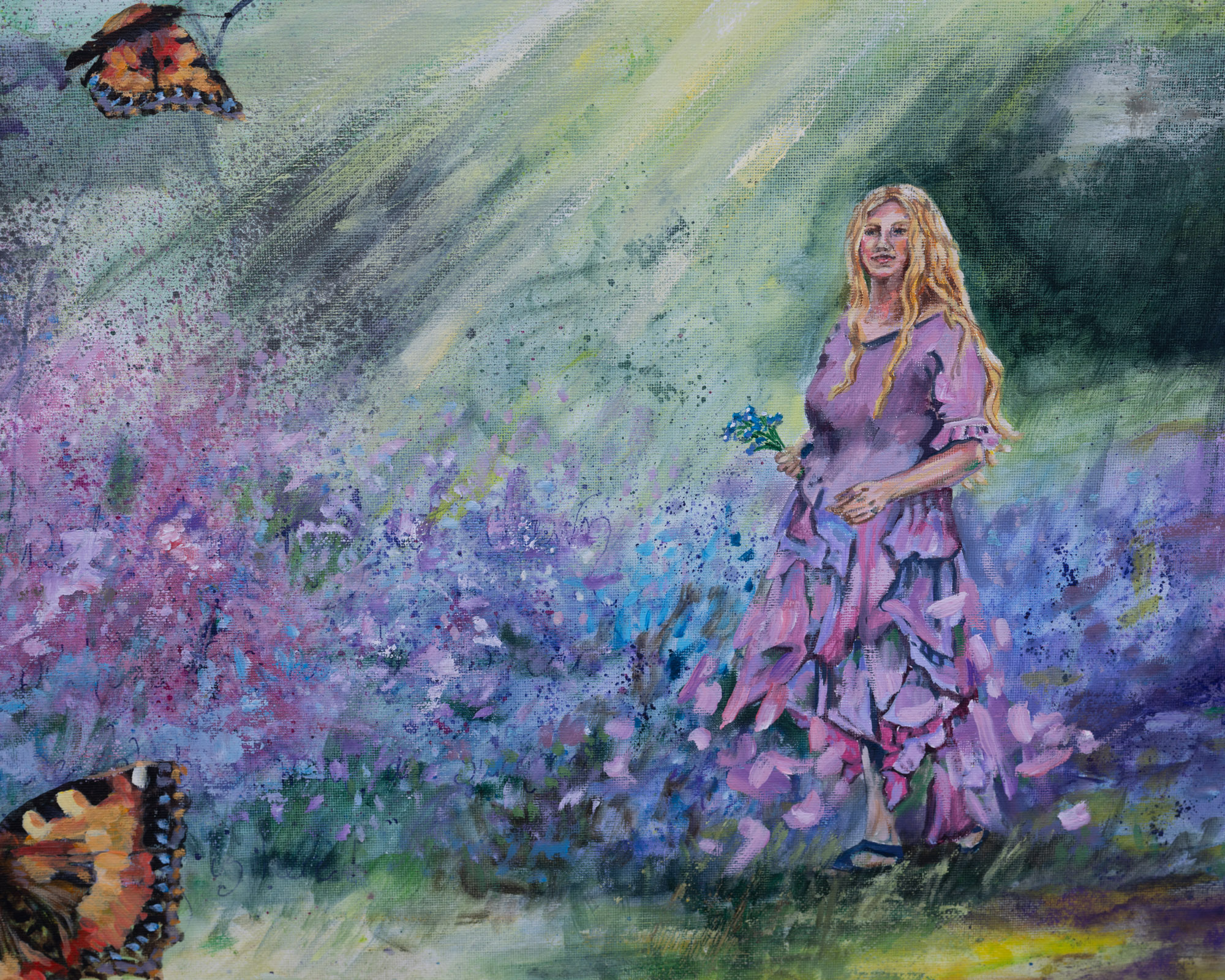 Ethereal painting in greens, blues and purple of a bluebell wood.