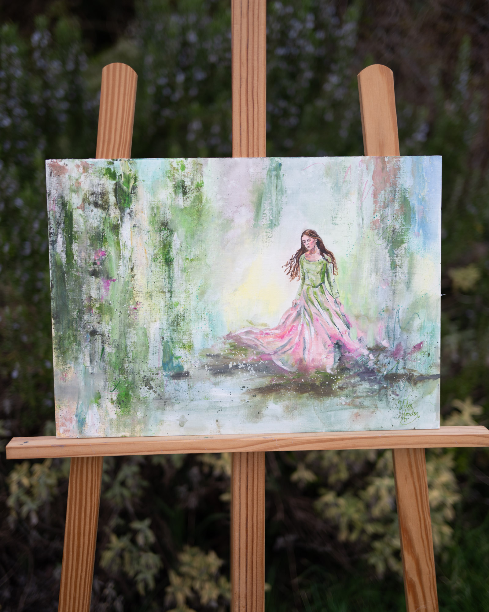 A pink and green painting of a fairytale woman walking in an abstract landscape.