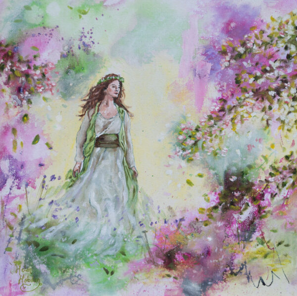 A beautiful painting of a goddess looking woman walking amongst blossom. The colours are pink, green, white and pastel yellow.