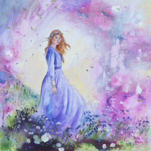 A beautiful ethereal painting of a woman in a long lilac dress with abstract flowers around her in pink and green.