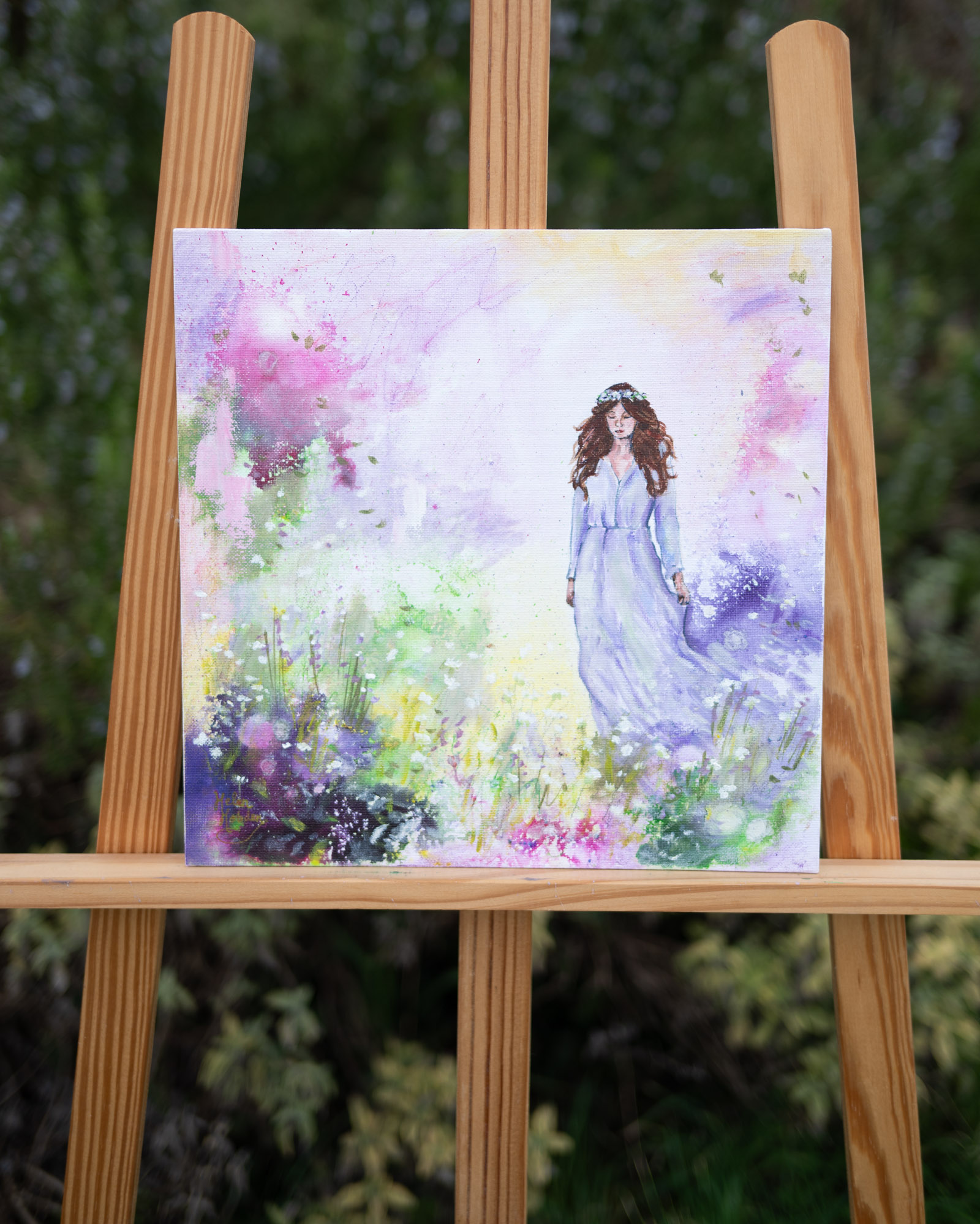 Beautiful painting of a woman in a lilac dress and abstract florals all around her.